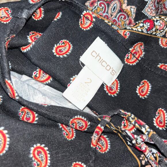 Chico's Parisian Medallion Lace-Up Top SZ 2 (LG) boho flowy 3/4 sleeve neck tie - Picture 9 of 10